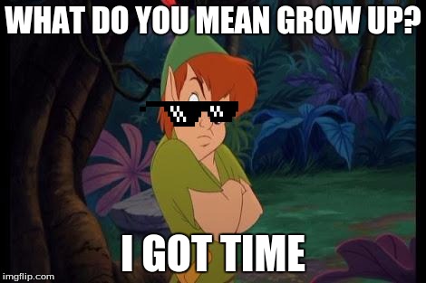 peter pan syndrome  | WHAT DO YOU MEAN GROW UP? I GOT TIME | image tagged in peter pan syndrome | made w/ Imgflip meme maker
