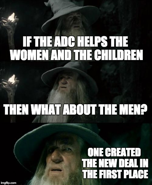 Confused Gandalf | IF THE ADC HELPS THE WOMEN AND THE CHILDREN; THEN WHAT ABOUT THE MEN? ONE CREATED THE NEW DEAL IN THE FIRST PLACE | image tagged in memes,confused gandalf | made w/ Imgflip meme maker