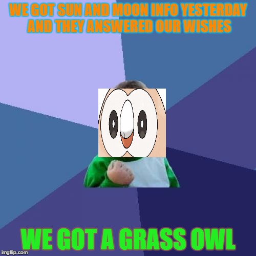 Success Kid Meme | WE GOT SUN AND MOON INFO YESTERDAY AND THEY ANSWERED OUR WISHES; WE GOT A GRASS OWL | image tagged in memes,success kid,pokemon,funny pokemon,pokemon oras,nintendo | made w/ Imgflip meme maker