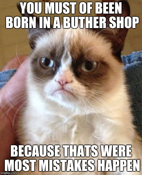 Grumpy Cat Meme | YOU MUST OF BEEN BORN IN A BUTHER SHOP; BECAUSE THATS WERE MOST MISTAKES HAPPEN | image tagged in memes,grumpy cat | made w/ Imgflip meme maker