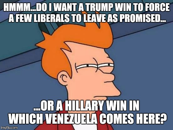 Futurama Fry | HMMM...DO I WANT A TRUMP WIN TO FORCE A FEW LIBERALS TO LEAVE AS PROMISED... ...OR A HILLARY WIN IN WHICH VENEZUELA COMES HERE? | image tagged in memes,futurama fry | made w/ Imgflip meme maker