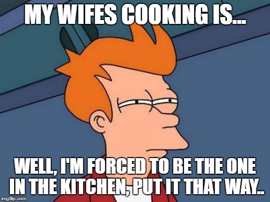 Futurama Fry Meme | MY WIFES COOKING IS... WELL, I'M FORCED TO BE THE ONE IN THE KITCHEN, PUT IT THAT WAY.. | image tagged in memes,futurama fry | made w/ Imgflip meme maker