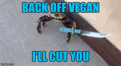 Knife wielding crab | BACK OFF VEGAN I'LL CUT YOU | image tagged in knife wielding crab | made w/ Imgflip meme maker