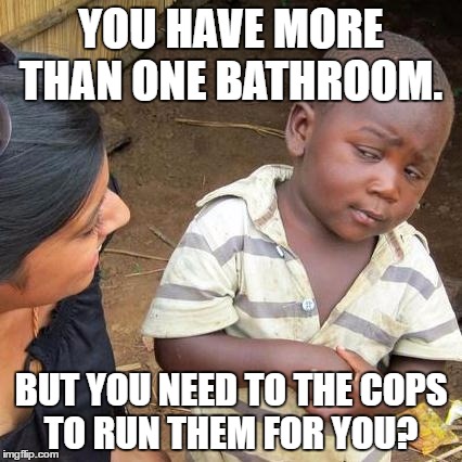 Third World Skeptical Kid | YOU HAVE MORE THAN ONE BATHROOM. BUT YOU NEED TO THE COPS TO RUN THEM FOR YOU? | image tagged in memes,third world skeptical kid | made w/ Imgflip meme maker