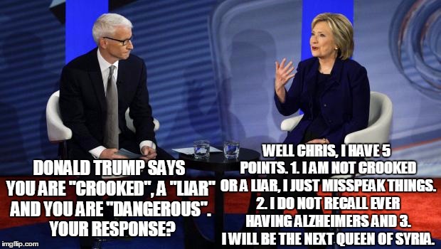 WELL CHRIS, I HAVE 5 POINTS. 1. I AM NOT CROOKED OR A LIAR, I JUST MISSPEAK THINGS. 2. I DO NOT RECALL EVER HAVING ALZHEIMERS AND 3. I WILL BE THE NEXT QUEEN OF SYRIA. DONALD TRUMP SAYS YOU ARE "CROOKED", A "LIAR" AND YOU ARE "DANGEROUS". 
YOUR RESPONSE? | image tagged in crazy,hillary clinton | made w/ Imgflip meme maker