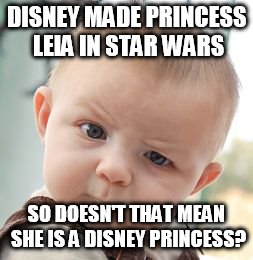 Skeptical Baby Meme | DISNEY MADE PRINCESS LEIA IN STAR WARS; SO DOESN'T THAT MEAN SHE IS A DISNEY PRINCESS? | image tagged in memes,skeptical baby | made w/ Imgflip meme maker
