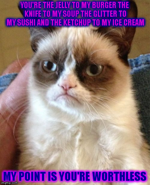 Grumpy Cat Meme | YOU'RE THE JELLY TO MY BURGER THE KNIFE TO MY SOUP THE GLITTER TO MY SUSHI AND THE KETCHUP TO MY ICE CREAM; MY POINT IS YOU'RE WORTHLESS | image tagged in memes,grumpy cat | made w/ Imgflip meme maker