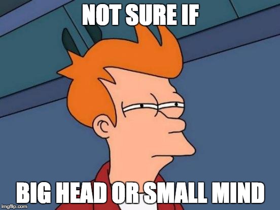 Honestly, if someone is bragging about their intelligence, then you pretty much know they're wrong. | NOT SURE IF; BIG HEAD OR SMALL MIND | image tagged in memes,futurama fry | made w/ Imgflip meme maker