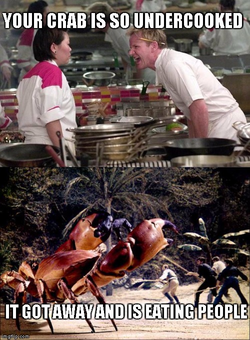When the crab gets away | YOUR CRAB IS SO UNDERCOOKED; IT GOT AWAY AND IS EATING PEOPLE | image tagged in chef gordon ramsay,stone crab,memes | made w/ Imgflip meme maker