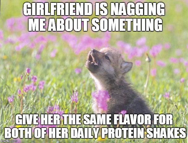 Baby Insanity Wolf Meme | GIRLFRIEND IS NAGGING ME ABOUT SOMETHING; GIVE HER THE SAME FLAVOR FOR BOTH OF HER DAILY PROTEIN SHAKES | image tagged in memes,baby insanity wolf,AdviceAnimals | made w/ Imgflip meme maker