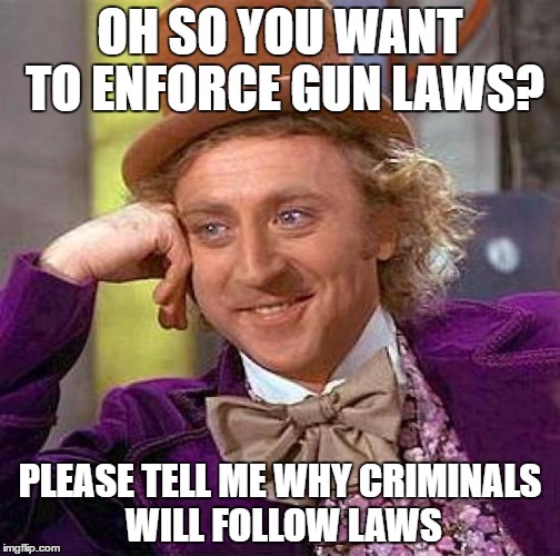 Creepy Condescending Wonka | OH SO YOU WANT TO ENFORCE GUN LAWS? PLEASE TELL ME WHY CRIMINALS WILL FOLLOW LAWS | image tagged in memes,creepy condescending wonka | made w/ Imgflip meme maker