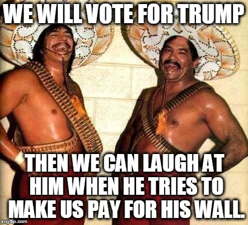 WE WILL VOTE FOR TRUMP THEN WE CAN LAUGH AT HIM WHEN HE TRIES TO MAKE US PAY FOR HIS WALL. | made w/ Imgflip meme maker