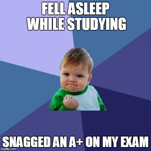 Success Kid | FELL ASLEEP WHILE STUDYING; SNAGGED AN A+ ON MY EXAM | image tagged in memes,success kid | made w/ Imgflip meme maker