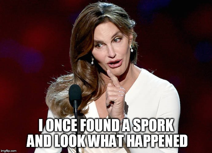 Taco Caitlyn | I ONCE FOUND A SPORK AND LOOK WHAT HAPPENED | image tagged in taco caitlyn | made w/ Imgflip meme maker