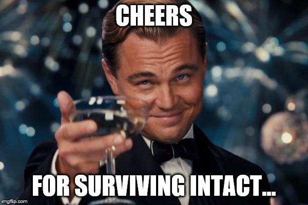 Leonardo Dicaprio Cheers Meme | CHEERS FOR SURVIVING INTACT... | image tagged in memes,leonardo dicaprio cheers | made w/ Imgflip meme maker