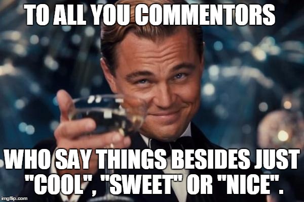 Leonardo Dicaprio Cheers Meme | TO ALL YOU COMMENTORS; WHO SAY THINGS BESIDES JUST "COOL", "SWEET" OR "NICE". | image tagged in memes,leonardo dicaprio cheers | made w/ Imgflip meme maker