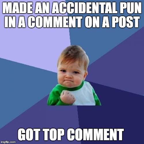 Success Kid Meme | MADE AN ACCIDENTAL PUN IN A COMMENT ON A POST; GOT TOP COMMENT | image tagged in memes,success kid,AdviceAnimals | made w/ Imgflip meme maker