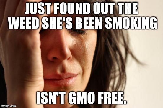 First World Problems | JUST FOUND OUT THE WEED SHE'S BEEN SMOKING; ISN'T GMO FREE. | image tagged in memes,first world problems | made w/ Imgflip meme maker