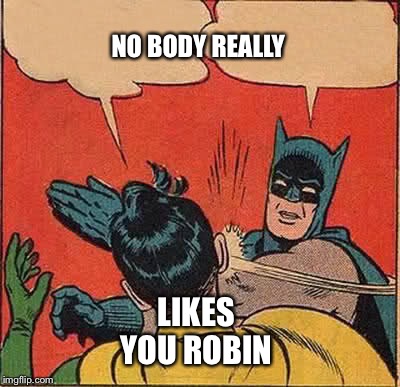 Batman Slapping Robin | NO BODY REALLY; LIKES YOU ROBIN | image tagged in memes,batman slapping robin | made w/ Imgflip meme maker