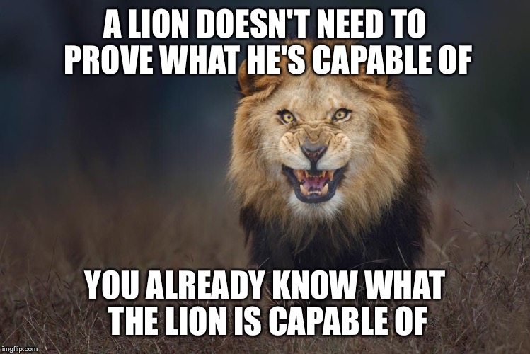 Lion attack | A LION DOESN'T NEED TO PROVE WHAT HE'S CAPABLE OF; YOU ALREADY KNOW WHAT THE LION IS CAPABLE OF | image tagged in lion attack | made w/ Imgflip meme maker