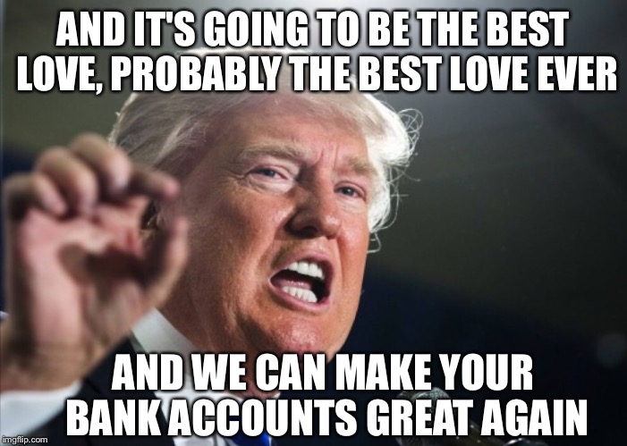 AND IT'S GOING TO BE THE BEST LOVE, PROBABLY THE BEST LOVE EVER AND WE CAN MAKE YOUR BANK ACCOUNTS GREAT AGAIN | made w/ Imgflip meme maker