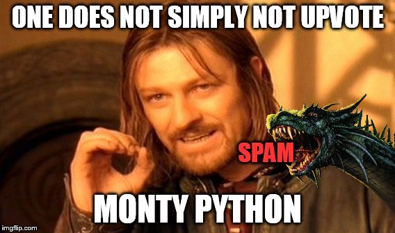 One Does Not Simply Meme | ONE DOES NOT SIMPLY NOT UPVOTE MONTY PYTHON SPAM | image tagged in memes,one does not simply | made w/ Imgflip meme maker