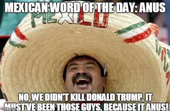 Happy Mexican | MEXICAN WORD OF THE DAY: ANUS; NO, WE DIDN'T KILL DONALD TRUMP, IT MUST'VE BEEN THOSE GUYS, BECAUSE IT ANUS! | image tagged in happy mexican,memes,anus,donald trump,murder,presidential race | made w/ Imgflip meme maker