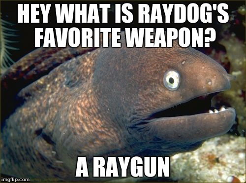 Its a Obvious one! | HEY WHAT IS RAYDOG'S FAVORITE WEAPON? A RAYGUN | image tagged in memes,bad joke eel | made w/ Imgflip meme maker
