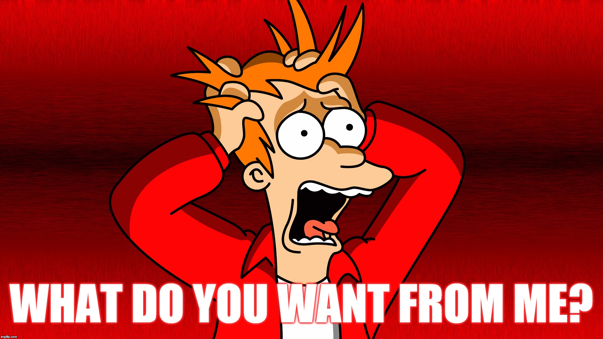 Fry Panic | WHAT DO YOU WANT FROM ME? | image tagged in fry panic | made w/ Imgflip meme maker