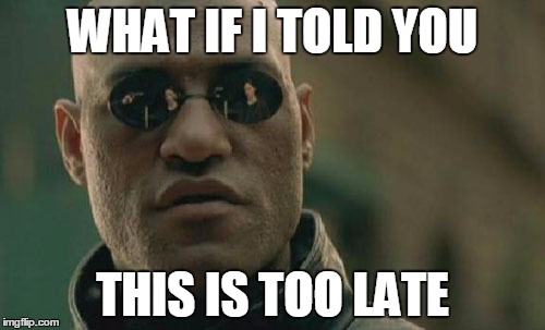 Matrix Morpheus Meme | WHAT IF I TOLD YOU; THIS IS TOO LATE | image tagged in memes,matrix morpheus | made w/ Imgflip meme maker