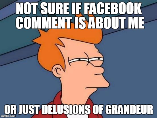 Facebook Comments | NOT SURE IF FACEBOOK COMMENT IS ABOUT ME; OR JUST DELUSIONS OF GRANDEUR | image tagged in memes,futurama fry | made w/ Imgflip meme maker