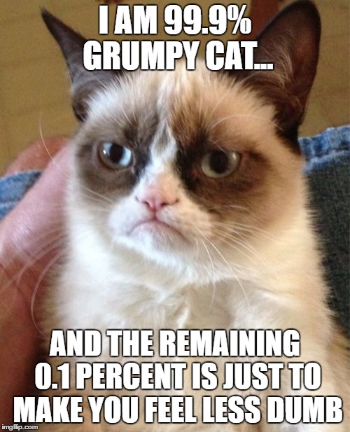 Grumpy Cat | I AM 99.9% GRUMPY CAT... AND THE REMAINING 0.1 PERCENT IS JUST TO MAKE YOU FEEL LESS DUMB | image tagged in memes,grumpy cat | made w/ Imgflip meme maker