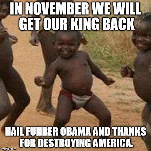 Third World Success Kid | IN NOVEMBER WE WILL GET OUR KING BACK; HAIL FUHRER OBAMA AND THANKS FOR DESTROYING AMERICA. | image tagged in memes,third world success kid | made w/ Imgflip meme maker