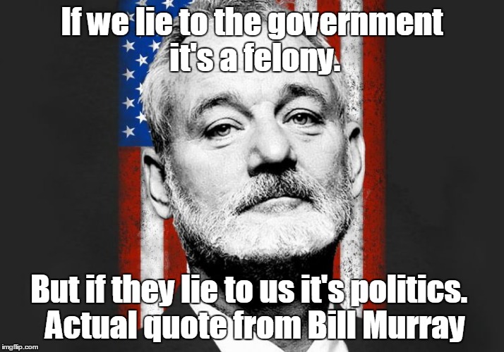 Bill Murray | If we lie to the government it's a felony. But if they lie to us it's politics.
 Actual quote from Bill Murray | image tagged in bill murray | made w/ Imgflip meme maker