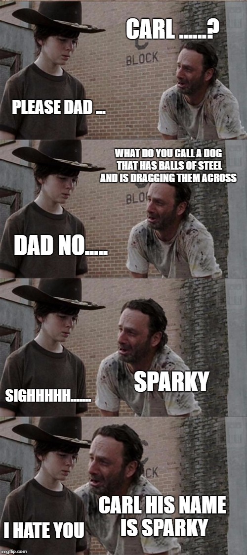 Rick and Carl Long | CARL ......? PLEASE DAD ... WHAT DO YOU CALL A DOG THAT HAS BALLS OF STEEL AND IS DRAGGING THEM ACROSS; DAD NO..... SPARKY; SIGHHHHH....... CARL HIS NAME IS SPARKY; I HATE YOU | image tagged in memes,rick and carl long | made w/ Imgflip meme maker