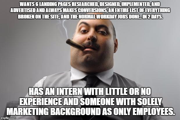 Scumbag Boss Meme | WANTS 6 LANDING PAGES RESEARCHED, DESIGNED, IMPLEMENTED, AND ADVERTISED AND ALWAYS MAKES CONVERSIONS, AN ENTIRE LIST OF EVERYTHING BROKEN ON THE SITE, AND THE NORMAL WORKDAY JOBS DONE.. IN 2 DAYS. HAS AN INTERN WITH LITTLE OR NO EXPERIENCE AND SOMEONE WITH SOLELY MARKETING BACKGROUND AS ONLY EMPLOYEES. | image tagged in memes,scumbag boss,AdviceAnimals | made w/ Imgflip meme maker