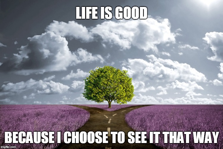Join us. | LIFE IS GOOD; BECAUSE I CHOOSE TO SEE IT THAT WAY | image tagged in life goals,life alert,choose wisely,the light side is the right side,stay away,dark side | made w/ Imgflip meme maker