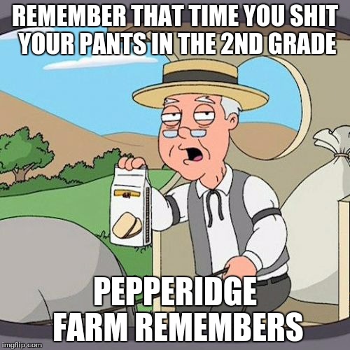 Pepperidge Farm Remembers Meme | REMEMBER THAT TIME YOU SHIT YOUR PANTS IN THE 2ND GRADE; PEPPERIDGE FARM REMEMBERS | image tagged in memes,pepperidge farm remembers | made w/ Imgflip meme maker