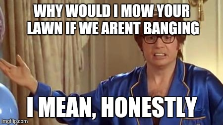 Austin Powers Honestly Meme | WHY WOULD I MOW YOUR LAWN IF WE ARENT BANGING; I MEAN, HONESTLY | image tagged in memes,austin powers honestly | made w/ Imgflip meme maker