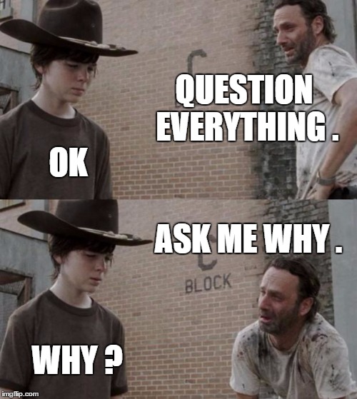 Rick and Carl Meme | QUESTION EVERYTHING . OK; ASK ME WHY . WHY ? | image tagged in memes,rick and carl | made w/ Imgflip meme maker