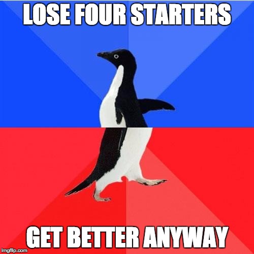 Socially Awkward Awesome Penguin Meme | LOSE FOUR STARTERS; GET BETTER ANYWAY | image tagged in memes,socially awkward awesome penguin,ripcity | made w/ Imgflip meme maker