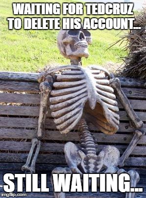 Waiting Skeleton Meme | WAITING FOR TEDCRUZ TO DELETE HIS ACCOUNT... STILL WAITING... | image tagged in memes,waiting skeleton | made w/ Imgflip meme maker