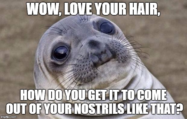Awkward Moment Sealion Meme | WOW, LOVE YOUR HAIR, HOW DO YOU GET IT TO COME OUT OF YOUR NOSTRILS LIKE THAT? | image tagged in memes,awkward moment sealion | made w/ Imgflip meme maker