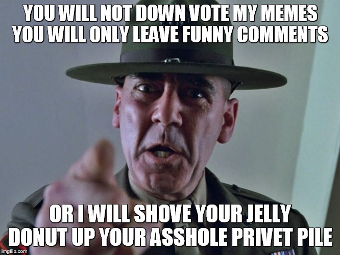 GySgt Hartman | YOU WILL NOT DOWN VOTE MY MEMES YOU WILL ONLY LEAVE FUNNY COMMENTS; OR I WILL SHOVE YOUR JELLY DONUT UP YOUR ASSHOLE PRIVET PILE | image tagged in gysgt hartman | made w/ Imgflip meme maker