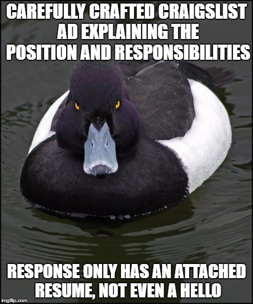 Angry duck | CAREFULLY CRAFTED CRAIGSLIST AD EXPLAINING THE POSITION AND RESPONSIBILITIES; RESPONSE ONLY HAS AN ATTACHED RESUME, NOT EVEN A HELLO | image tagged in angry duck | made w/ Imgflip meme maker