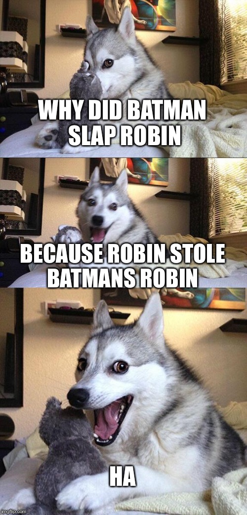 Bad Pun Dog | WHY DID BATMAN SLAP ROBIN; BECAUSE ROBIN STOLE BATMANS ROBIN; HA | image tagged in memes,bad pun dog | made w/ Imgflip meme maker
