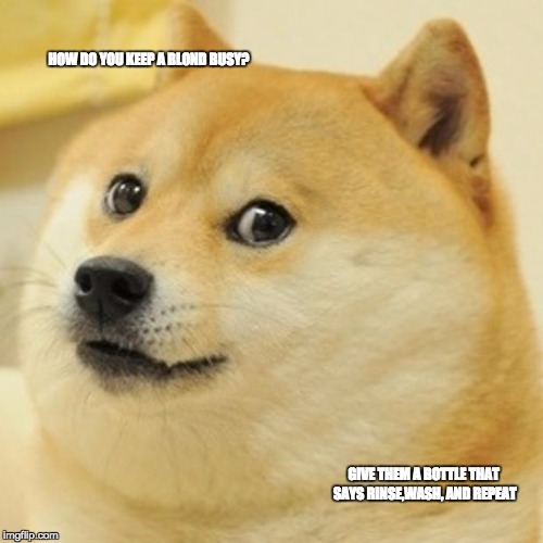 Doge Meme | HOW DO YOU KEEP A BLOND BUSY? GIVE THEM A BOTTLE THAT SAYS RINSE,WASH, AND REPEAT | image tagged in memes,doge | made w/ Imgflip meme maker