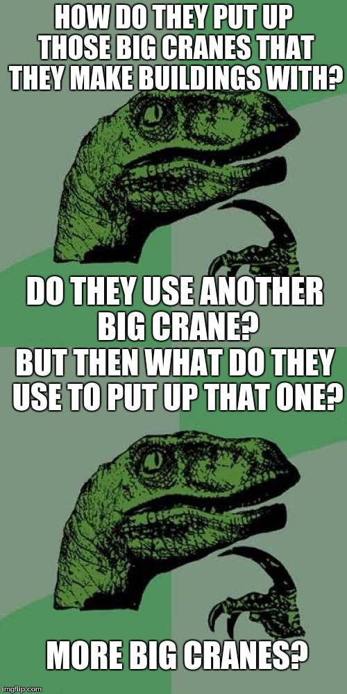 Big Cranes? | HOW DO THEY PUT UP THOSE BIG CRANES THAT THEY MAKE BUILDINGS WITH? DO THEY USE ANOTHER BIG CRANE? BUT THEN WHAT DO THEY USE TO PUT UP THAT ONE? MORE BIG CRANES? | image tagged in philosoraptor,cranes | made w/ Imgflip meme maker
