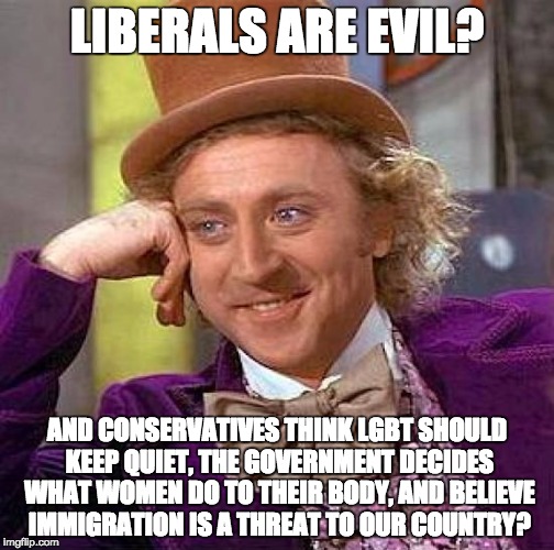 I need SOME explanation PLEASE | LIBERALS ARE EVIL? AND CONSERVATIVES THINK LGBT SHOULD KEEP QUIET, THE GOVERNMENT DECIDES WHAT WOMEN DO TO THEIR BODY, AND BELIEVE IMMIGRATION IS A THREAT TO OUR COUNTRY? | image tagged in memes,creepy condescending wonka | made w/ Imgflip meme maker