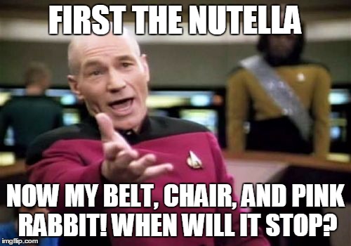 Picard Wtf Meme | FIRST THE NUTELLA NOW MY BELT, CHAIR, AND PINK RABBIT! WHEN WILL IT STOP? | image tagged in memes,picard wtf | made w/ Imgflip meme maker